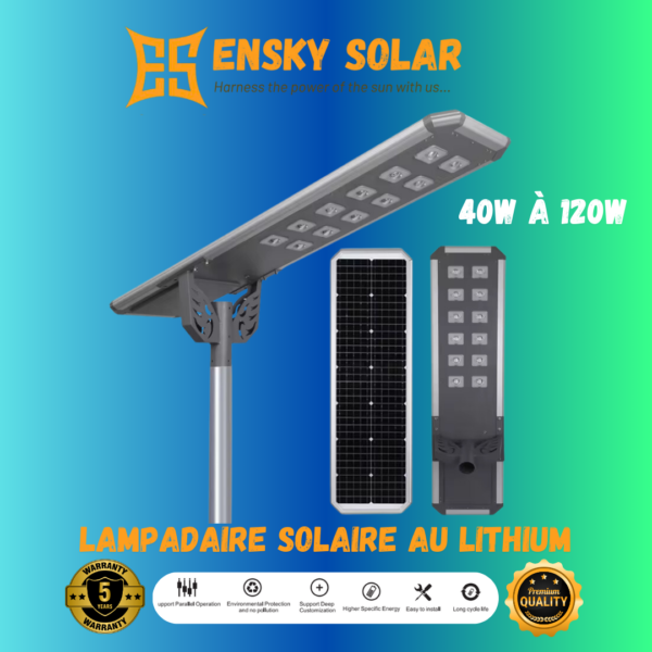 Lampadaire solaire 40W à 110W tout en un au lithium